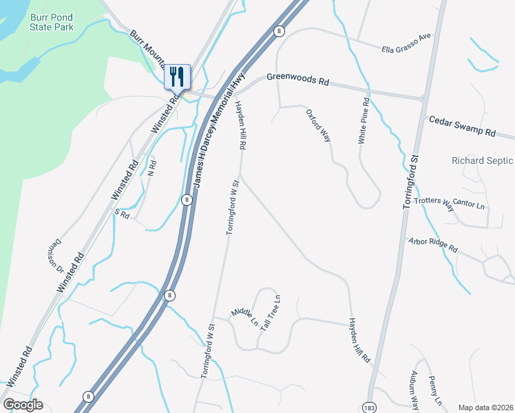 map of restaurants, bars, coffee shops, grocery stores, and more near 260 Hayden Hill Road in Torrington
