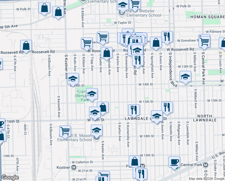 map of restaurants, bars, coffee shops, grocery stores, and more near 1412 South Kedvale Avenue in Chicago