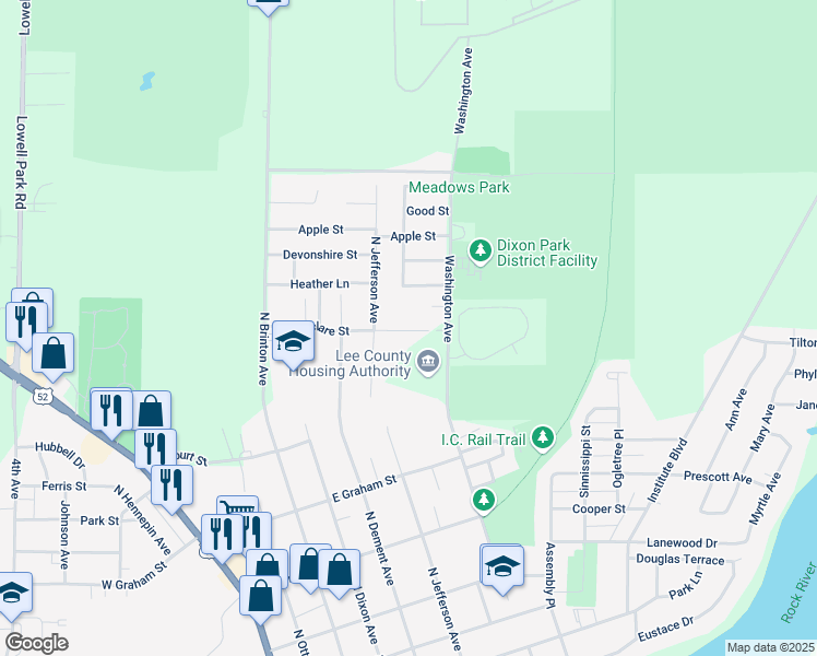 map of restaurants, bars, coffee shops, grocery stores, and more near 617 Marclare Street in Dixon