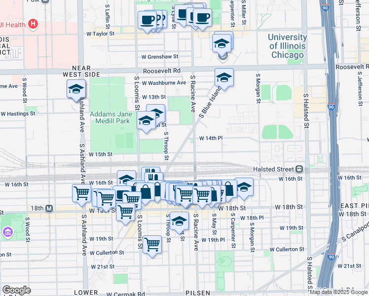 map of restaurants, bars, coffee shops, grocery stores, and more near 1461 South Blue Island Avenue in Chicago