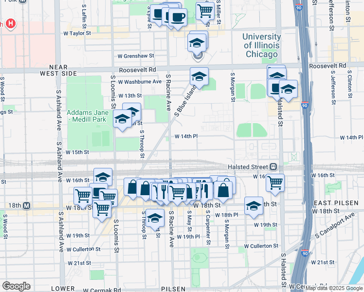 map of restaurants, bars, coffee shops, grocery stores, and more near 1150 West 15th Street in Chicago