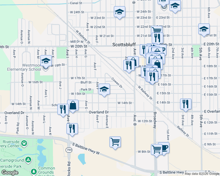 map of restaurants, bars, coffee shops, grocery stores, and more near 404 W 16th St in Scottsbluff