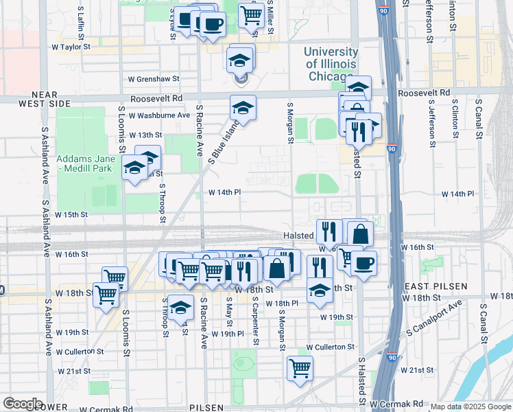 map of restaurants, bars, coffee shops, grocery stores, and more near 1033 West 14th Street in Chicago