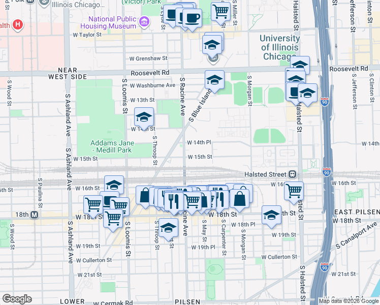 map of restaurants, bars, coffee shops, grocery stores, and more near 1150 West 15th Street in Chicago