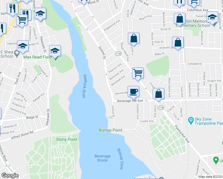 map of restaurants, bars, coffee shops, grocery stores, and more near 688 Rhode Island 114 in Pawtucket