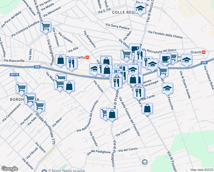 map of restaurants, bars, coffee shops, grocery stores, and more near 26 Via dell'Osteria del Finocchio in Rome