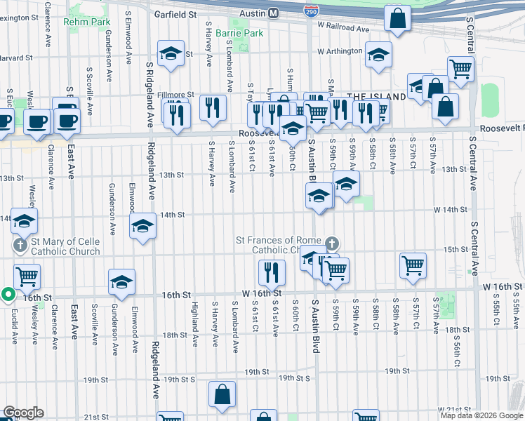 map of restaurants, bars, coffee shops, grocery stores, and more near 1345 West 14th Street in Cicero