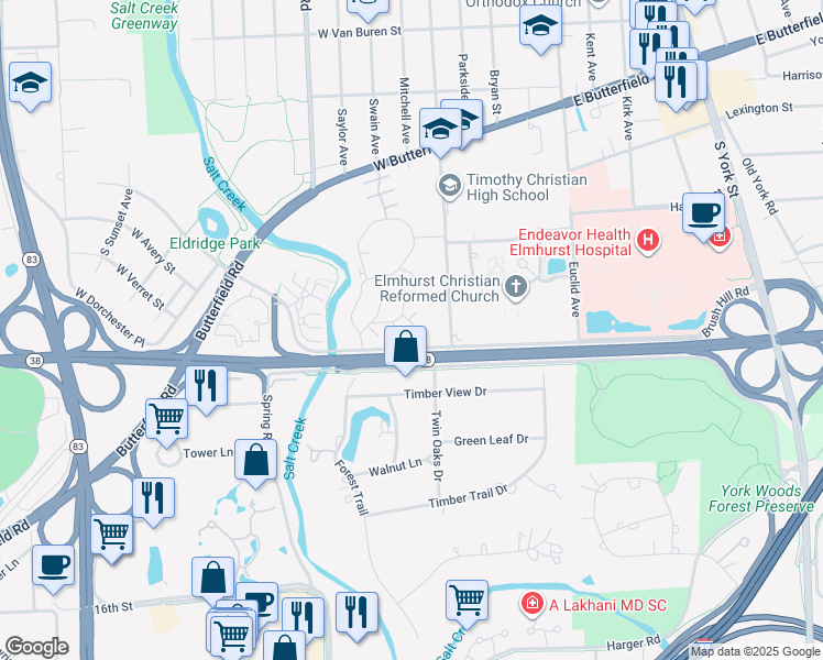 map of restaurants, bars, coffee shops, grocery stores, and more near 14 Maple Tree Court in Elmhurst