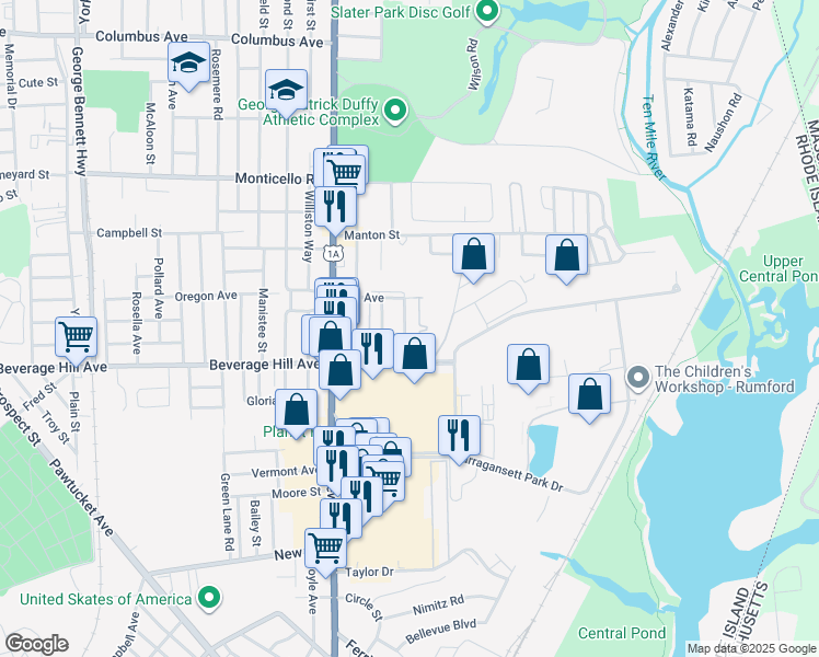 map of restaurants, bars, coffee shops, grocery stores, and more near 37 Langdon Avenue in Pawtucket