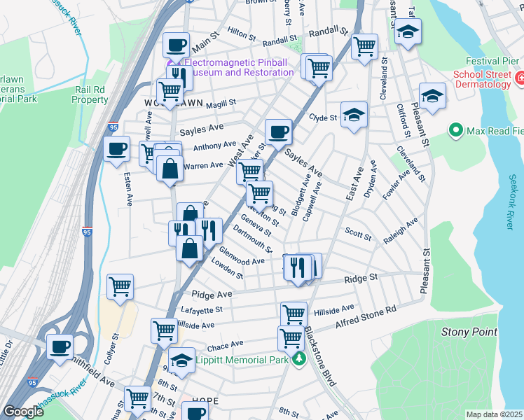 map of restaurants, bars, coffee shops, grocery stores, and more near 87 Newton Street in Pawtucket