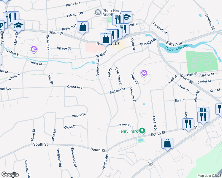 map of restaurants, bars, coffee shops, grocery stores, and more near 111 High Street in Vernon