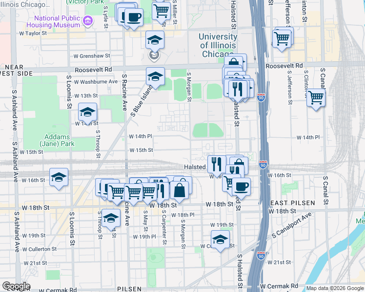 map of restaurants, bars, coffee shops, grocery stores, and more near 1011 West 14th Place in Chicago