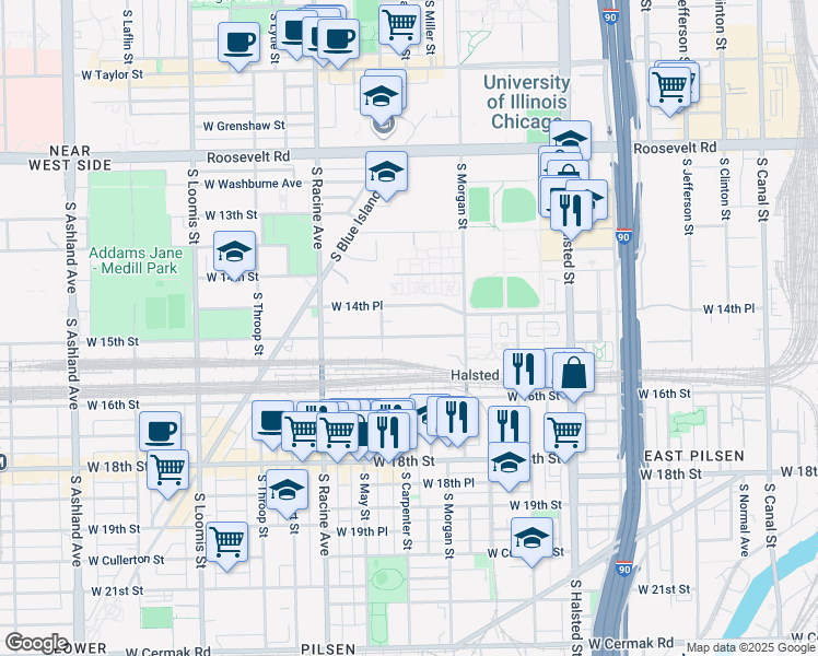 map of restaurants, bars, coffee shops, grocery stores, and more near 1033 West 14th Street in Chicago
