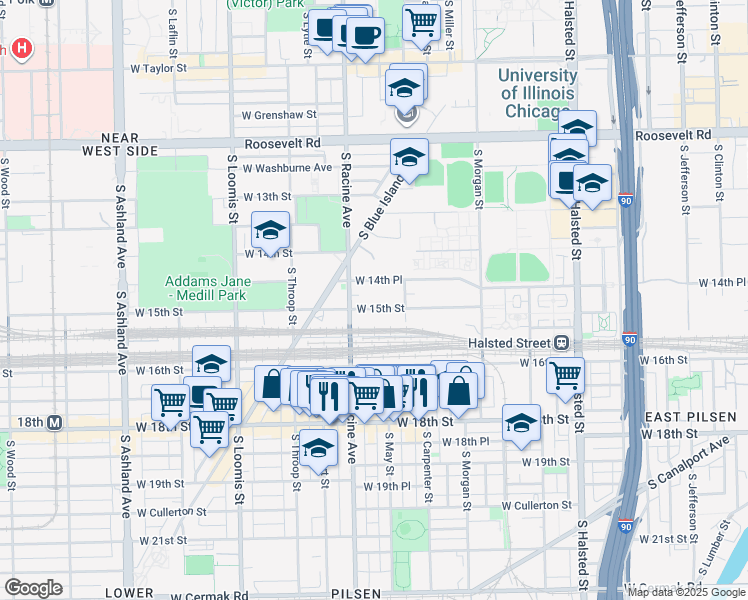 map of restaurants, bars, coffee shops, grocery stores, and more near 1111 West 14th Place in Chicago