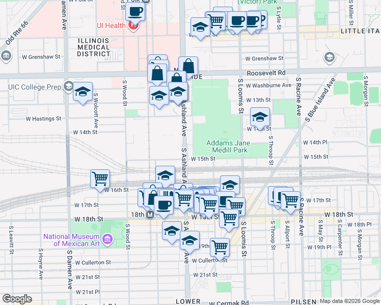 map of restaurants, bars, coffee shops, grocery stores, and more near 1447 South Ashland Avenue in Chicago