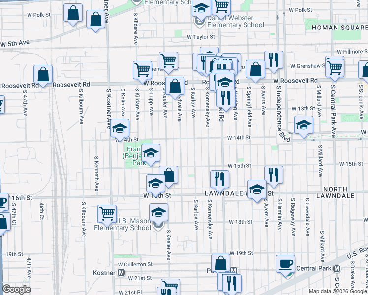 map of restaurants, bars, coffee shops, grocery stores, and more near 1412 South Kedvale Avenue in Chicago