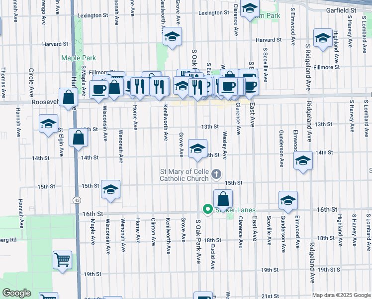map of restaurants, bars, coffee shops, grocery stores, and more near 1336 Grove Avenue in Berwyn