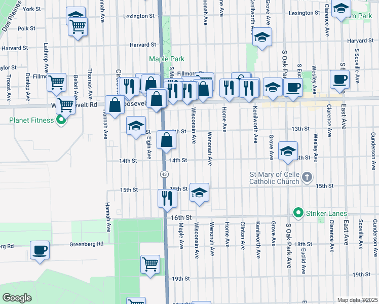 map of restaurants, bars, coffee shops, grocery stores, and more near 1333 Maple Avenue in Berwyn