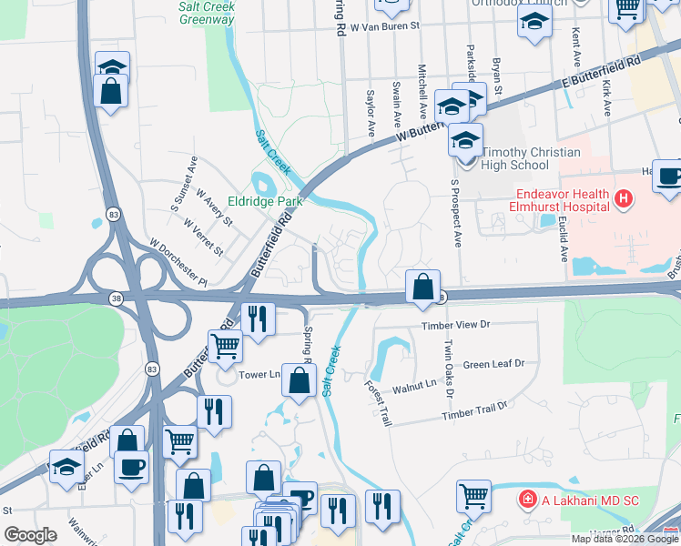 map of restaurants, bars, coffee shops, grocery stores, and more near 1 Charlotte Circle in Elmhurst