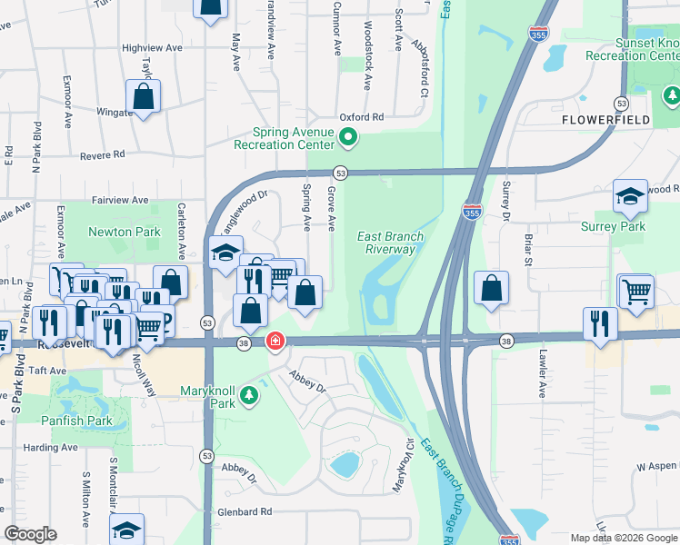 map of restaurants, bars, coffee shops, grocery stores, and more near 70 Grove Avenue in Glen Ellyn