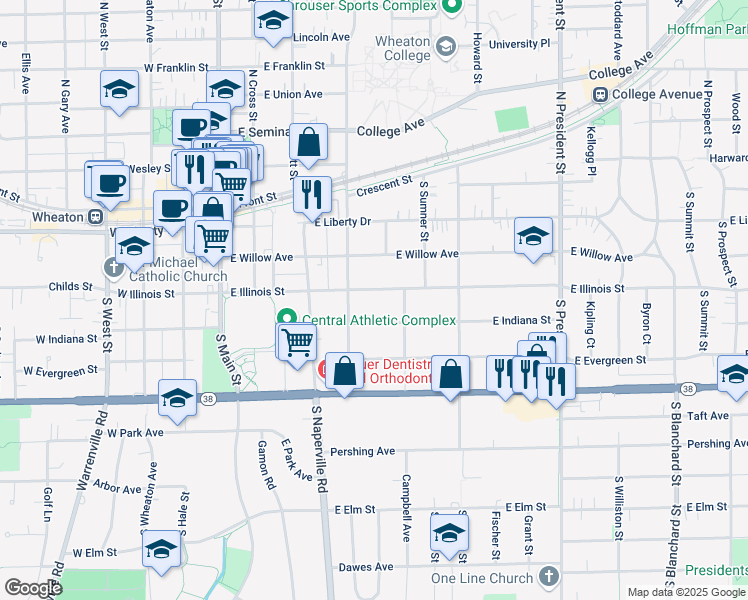 map of restaurants, bars, coffee shops, grocery stores, and more near 430 East Illinois Street in Wheaton