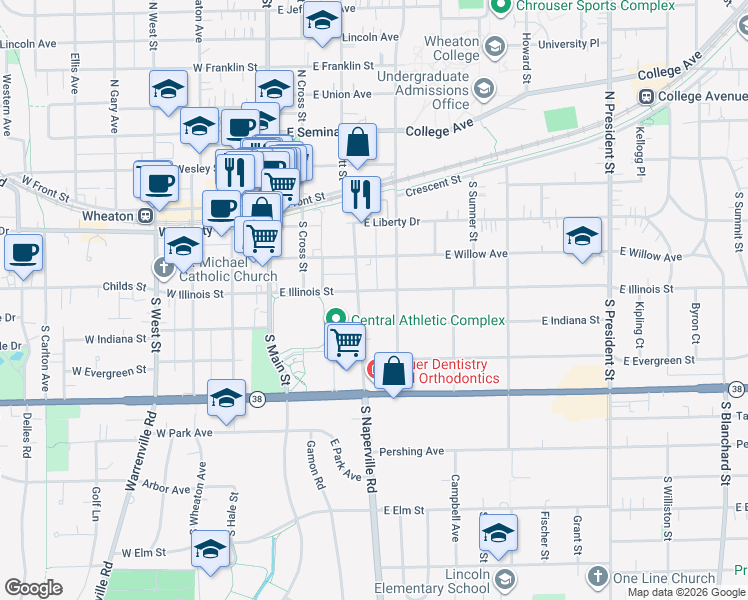 map of restaurants, bars, coffee shops, grocery stores, and more near 304 East Illinois Street in Wheaton