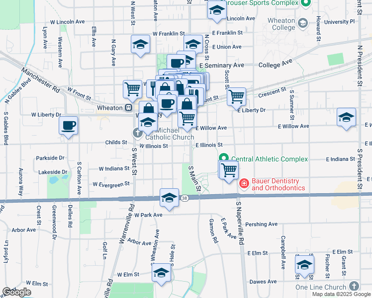 map of restaurants, bars, coffee shops, grocery stores, and more near 104 West Illinois Street in Wheaton