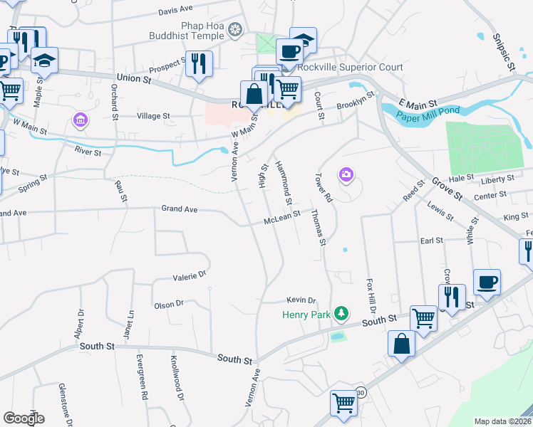 map of restaurants, bars, coffee shops, grocery stores, and more near 112 High Street in Vernon