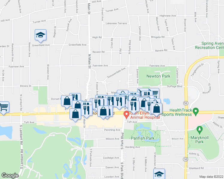 map of restaurants, bars, coffee shops, grocery stores, and more near 588 Maiden Lane in Glen Ellyn