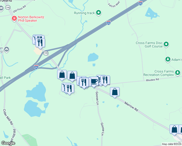 map of restaurants, bars, coffee shops, grocery stores, and more near 40 Stone Pond Road in Tolland
