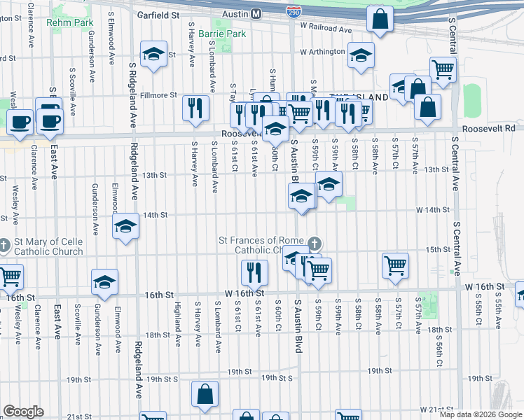 map of restaurants, bars, coffee shops, grocery stores, and more near 1344 South 60th Court in Cicero