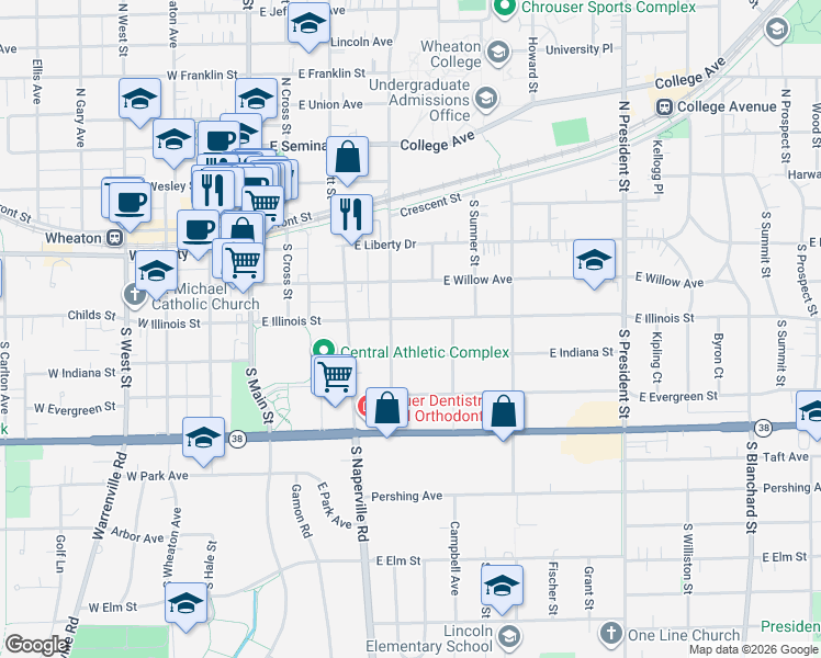 map of restaurants, bars, coffee shops, grocery stores, and more near 403 South Washington Street in Wheaton