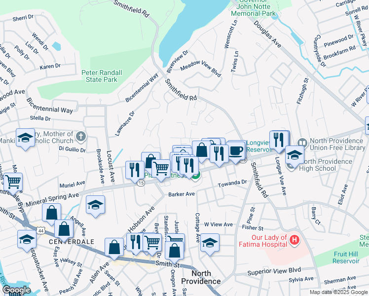 map of restaurants, bars, coffee shops, grocery stores, and more near 379 Sunset Avenue in North Providence