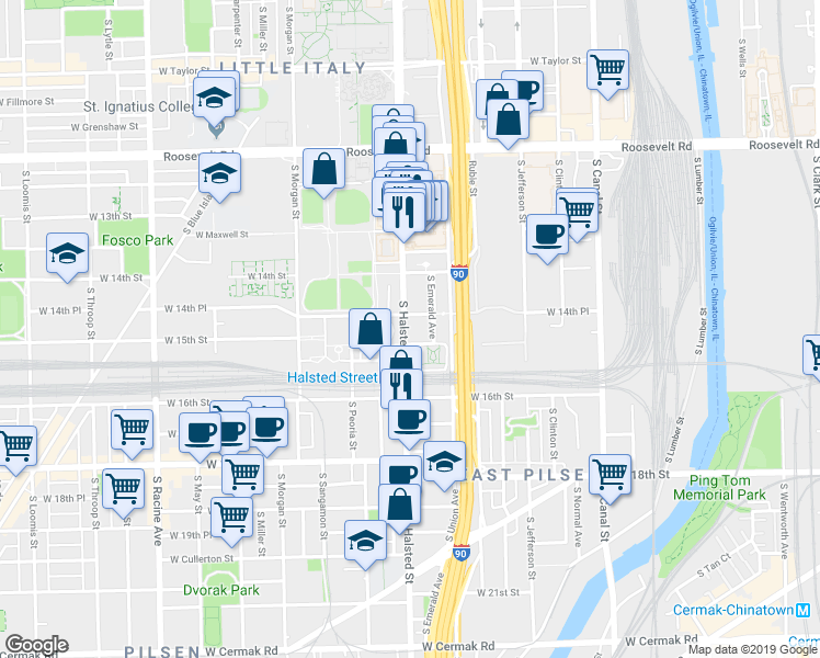 map of restaurants, bars, coffee shops, grocery stores, and more near 1455 South Halsted Street in Chicago