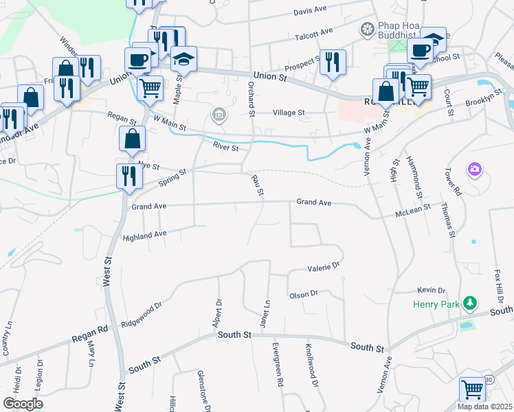 map of restaurants, bars, coffee shops, grocery stores, and more near 71 Grand Avenue in Vernon