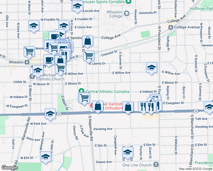 map of restaurants, bars, coffee shops, grocery stores, and more near 430 East Illinois Street in Wheaton