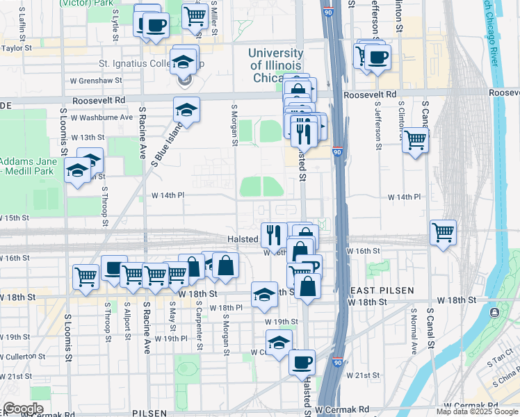 map of restaurants, bars, coffee shops, grocery stores, and more near 912 West Village Court in Chicago