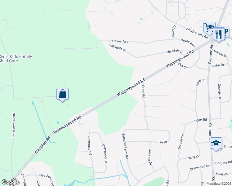 map of restaurants, bars, coffee shops, grocery stores, and more near 47 Wappingwood Road in Ellington