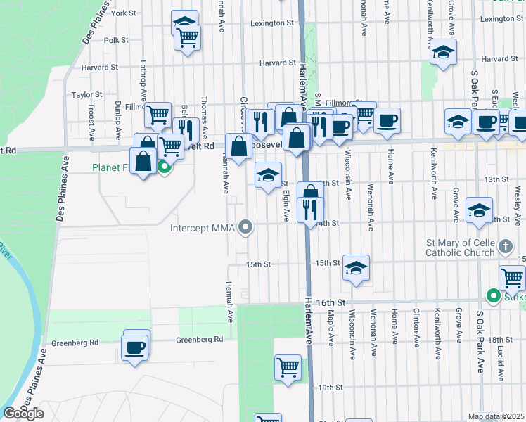 map of restaurants, bars, coffee shops, grocery stores, and more near 1329 Marengo Avenue in Forest Park