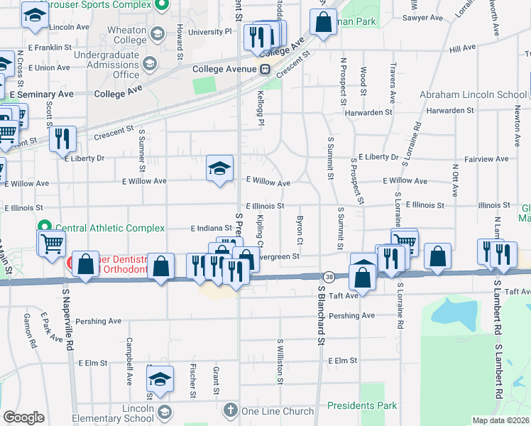 map of restaurants, bars, coffee shops, grocery stores, and more near 407 Kipling Court in Wheaton