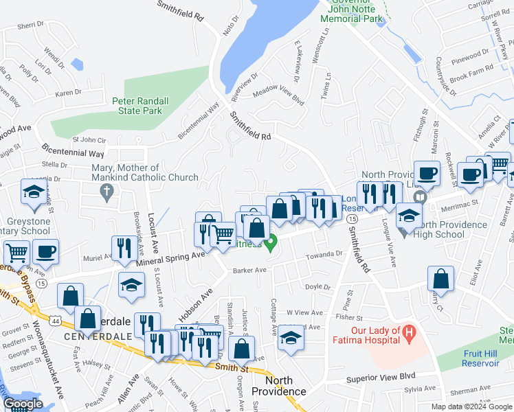 map of restaurants, bars, coffee shops, grocery stores, and more near 379 Sunset Ave in North Providence