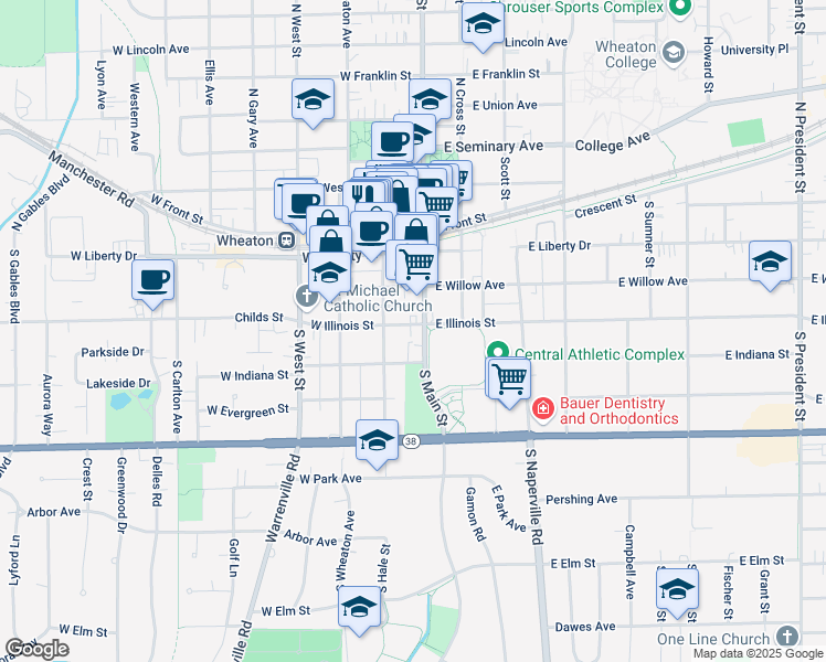 map of restaurants, bars, coffee shops, grocery stores, and more near 104 West Illinois Street in Wheaton