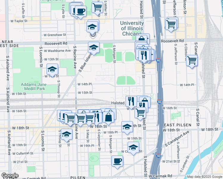 map of restaurants, bars, coffee shops, grocery stores, and more near 1011 West 14th Place in Chicago