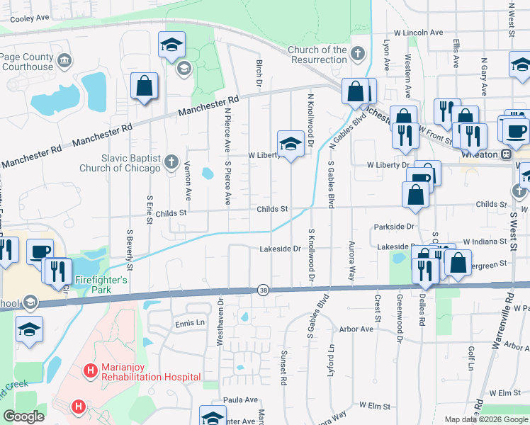 map of restaurants, bars, coffee shops, grocery stores, and more near 1404 Childs Street in Wheaton
