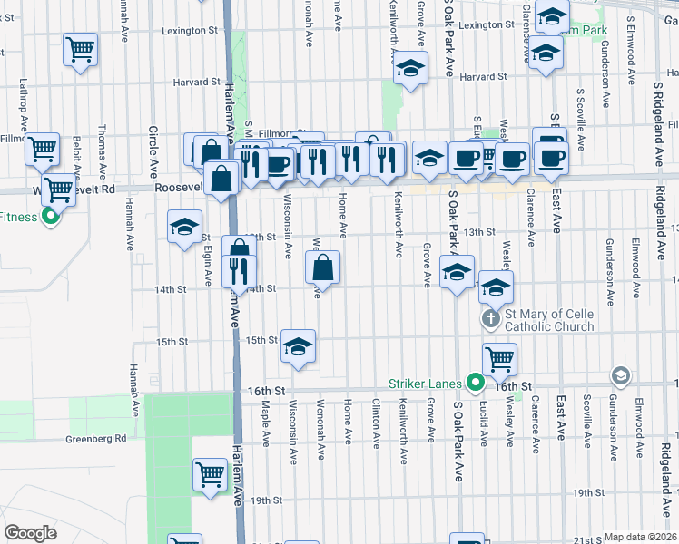 map of restaurants, bars, coffee shops, grocery stores, and more near 1334 Home Avenue in Berwyn
