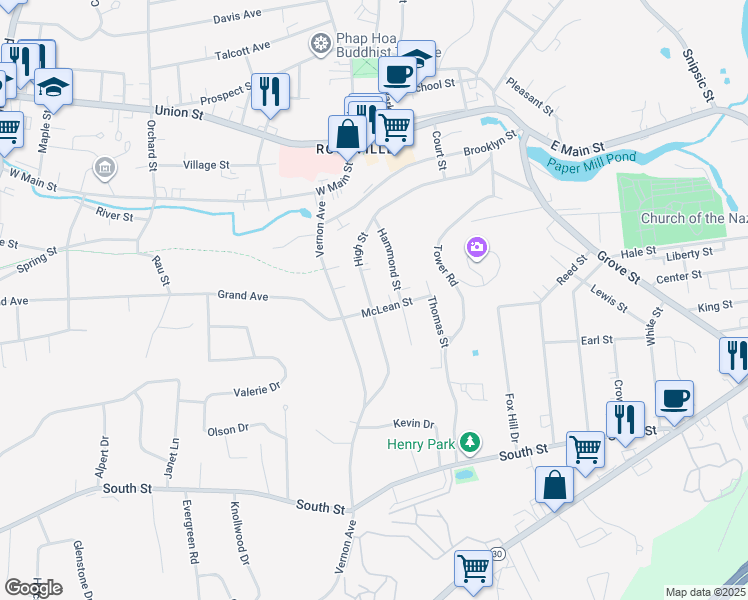 map of restaurants, bars, coffee shops, grocery stores, and more near 111 High Street in Vernon