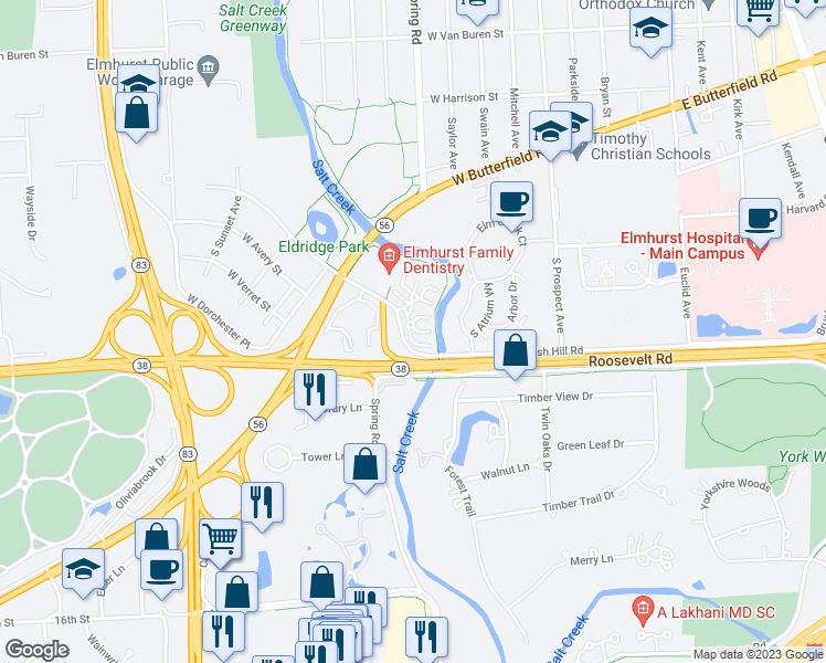 map of restaurants, bars, coffee shops, grocery stores, and more near 1 Charlotte Circle in Elmhurst