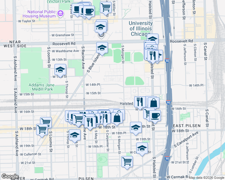 map of restaurants, bars, coffee shops, grocery stores, and more near 1000 West 15th Street in Chicago