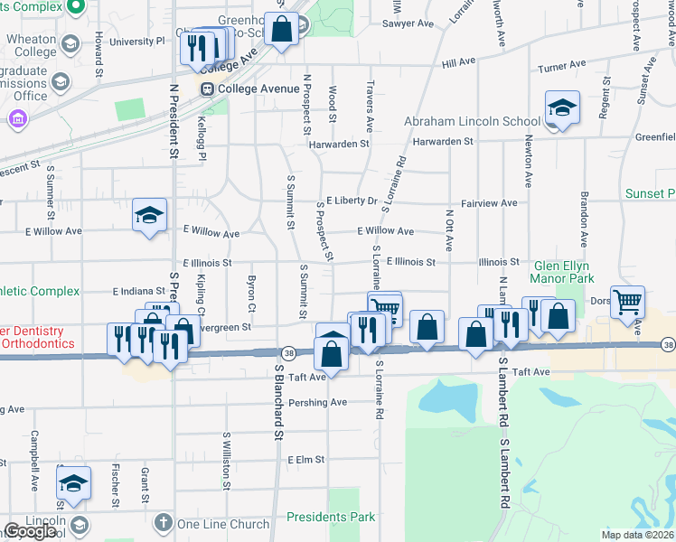 map of restaurants, bars, coffee shops, grocery stores, and more near 1602 East Illinois Street in Wheaton