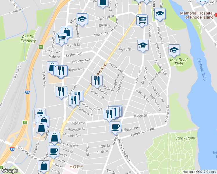 map of restaurants, bars, coffee shops, grocery stores, and more near 27 Sterling Street in Pawtucket